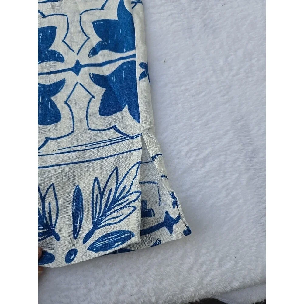 Solid & Striped Linen Shirt Mens Medium Blue White Tile Print Short Sleeve...
